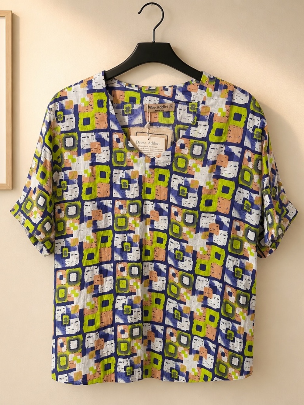 Dress Addict women’s Short Sleeve Geometric Print Shirt in Green & Blue